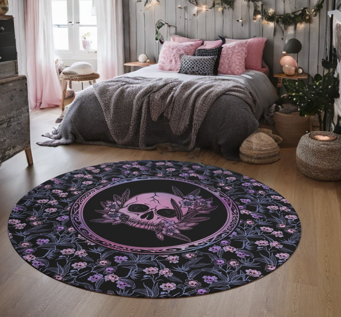 Pastel Goth Floral Round Rug - Pink & Black - Red Finch Creations