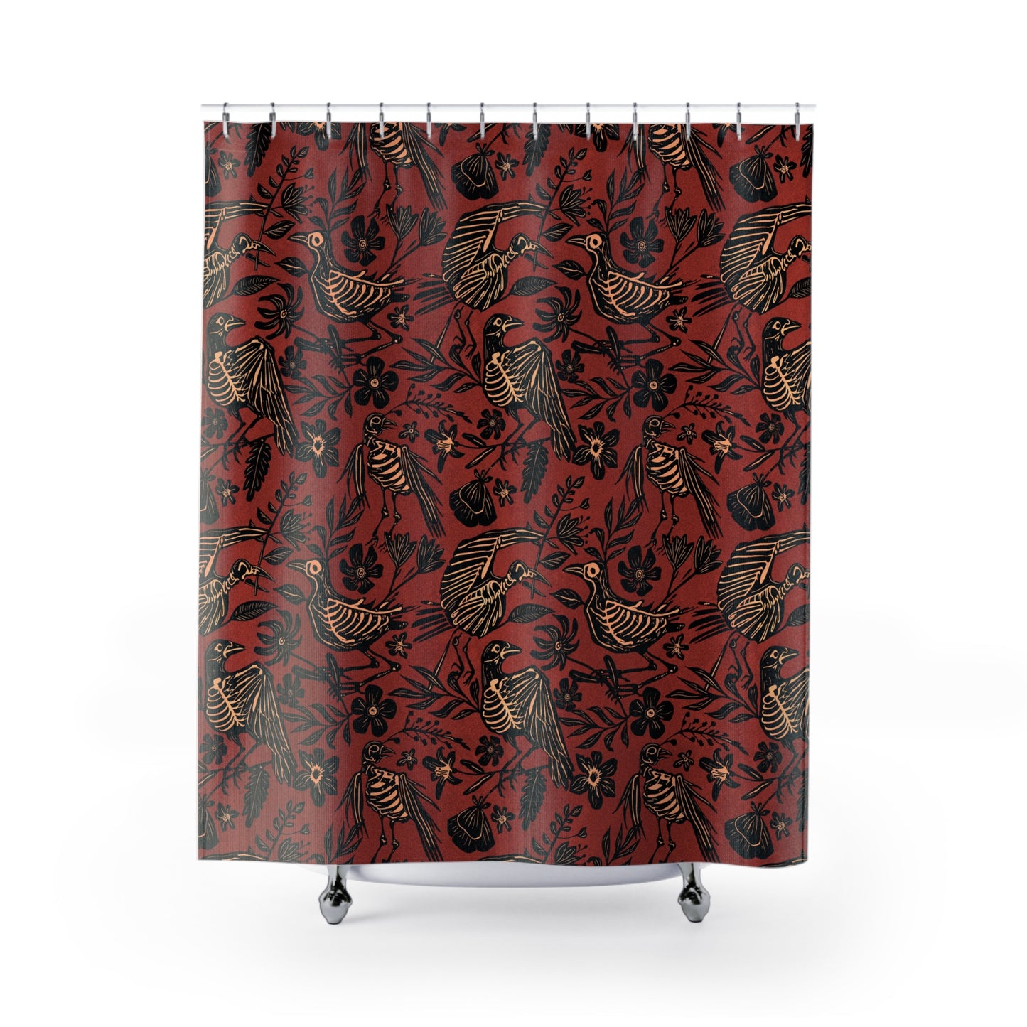 Fall Floral Bird Skeleton Shower Curtain - Rust Red - Red Finch Creations