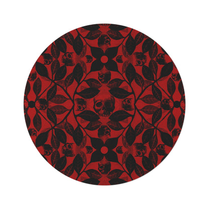 Watercolor Botanical Skull Round Rug - Red - Red Finch Creations