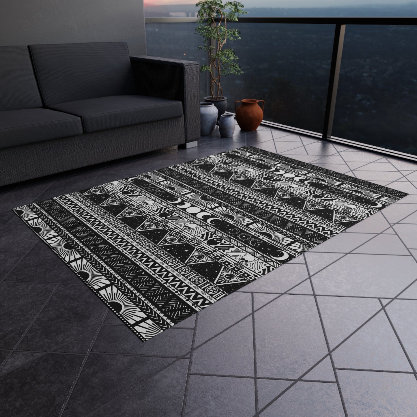 Tribal Witch Indoor/Outdoor Area Rug - Black & White - Red Finch Creations