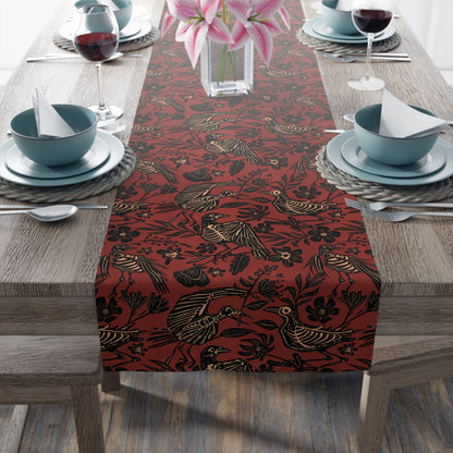 Autumn Folk Art Bird Skeleton Table Runner - Rust Red - Red Finch Creations