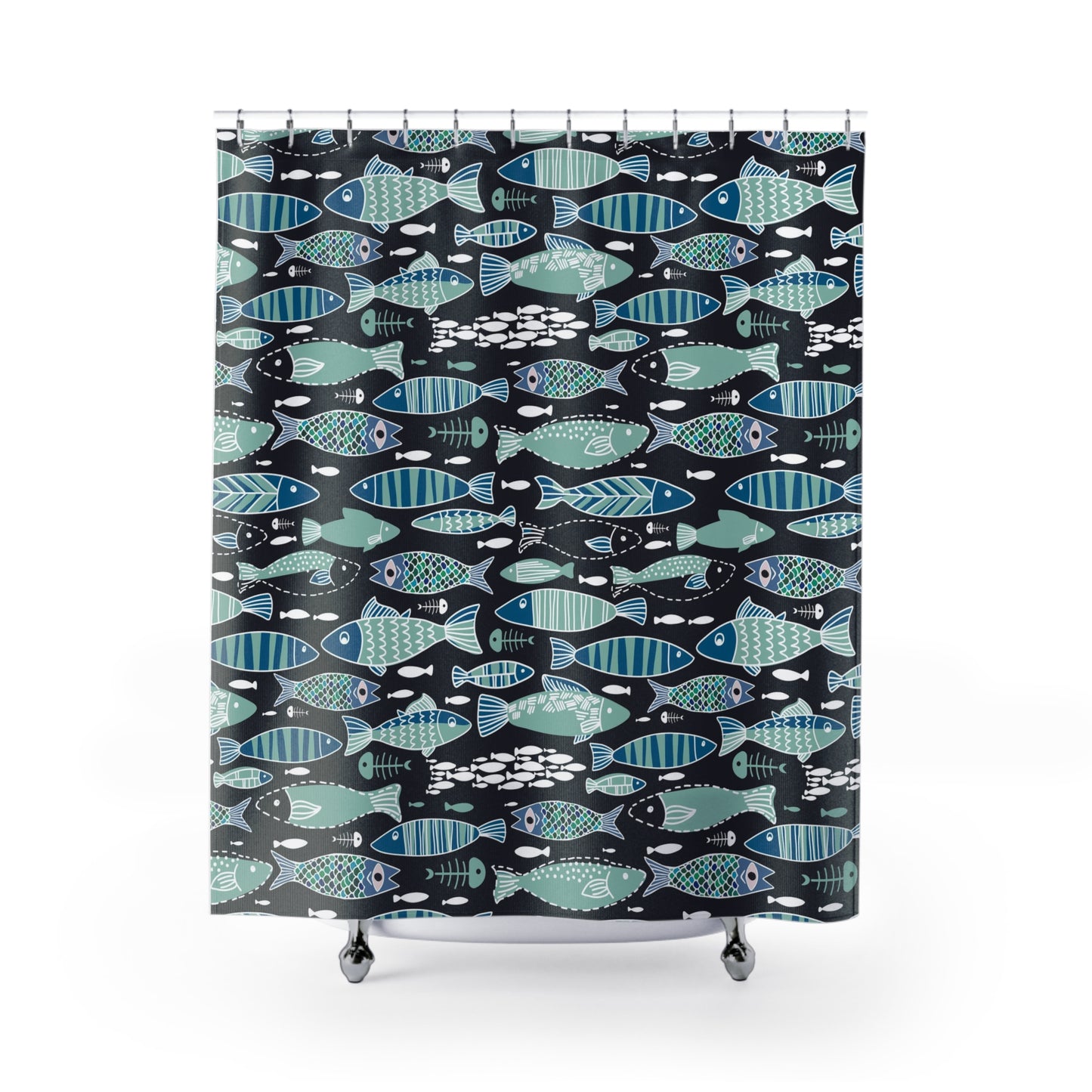Teal Abstract Sardine Skeleton Shower Curtain - Blue - Red Finch Creations