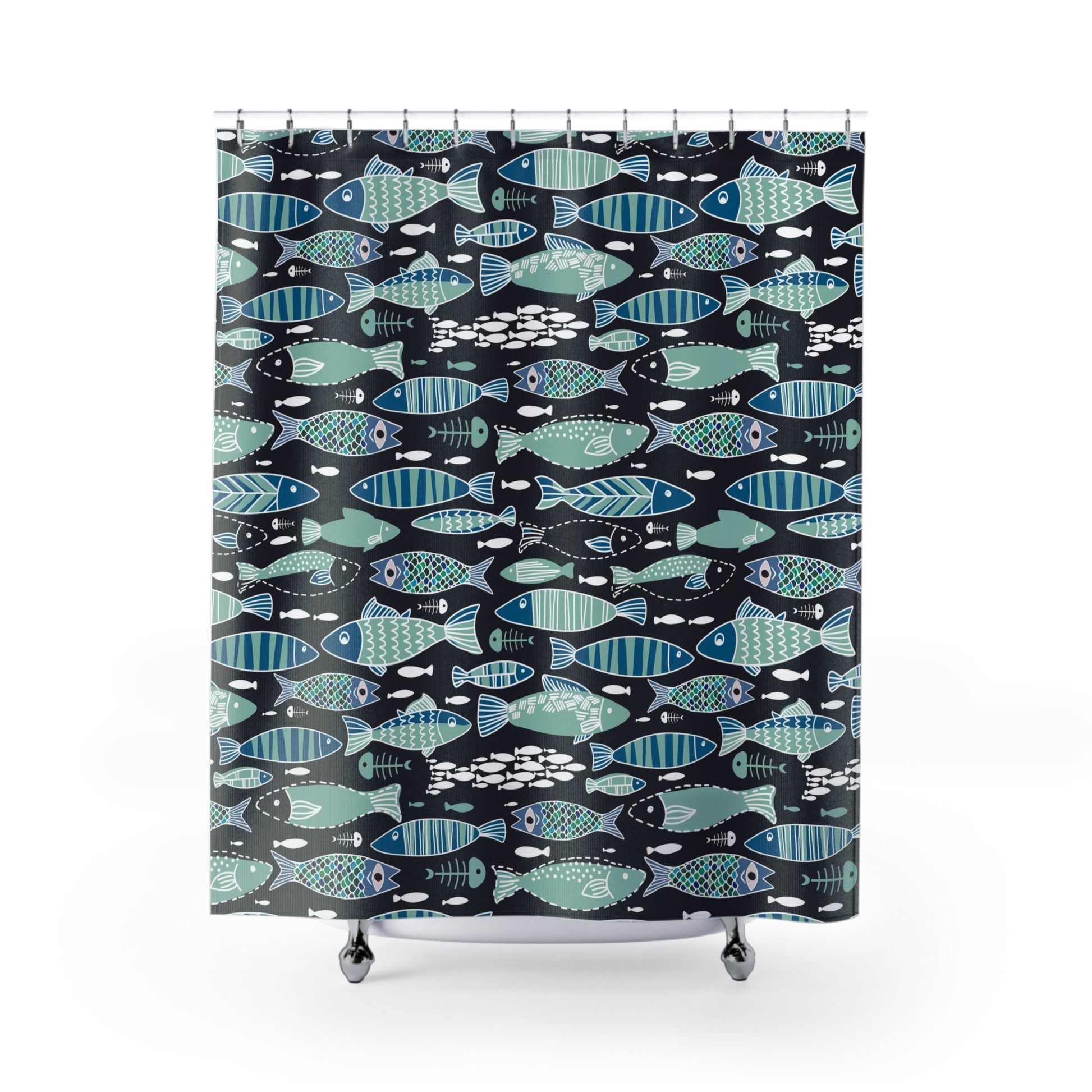 Teal Abstract Sardine Skeleton Shower Curtain - Blue - Red Finch Creations