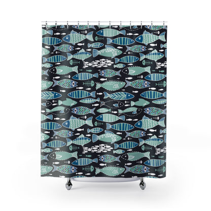 Teal Abstract Sardine Skeleton Shower Curtain - Blue - Red Finch Creations