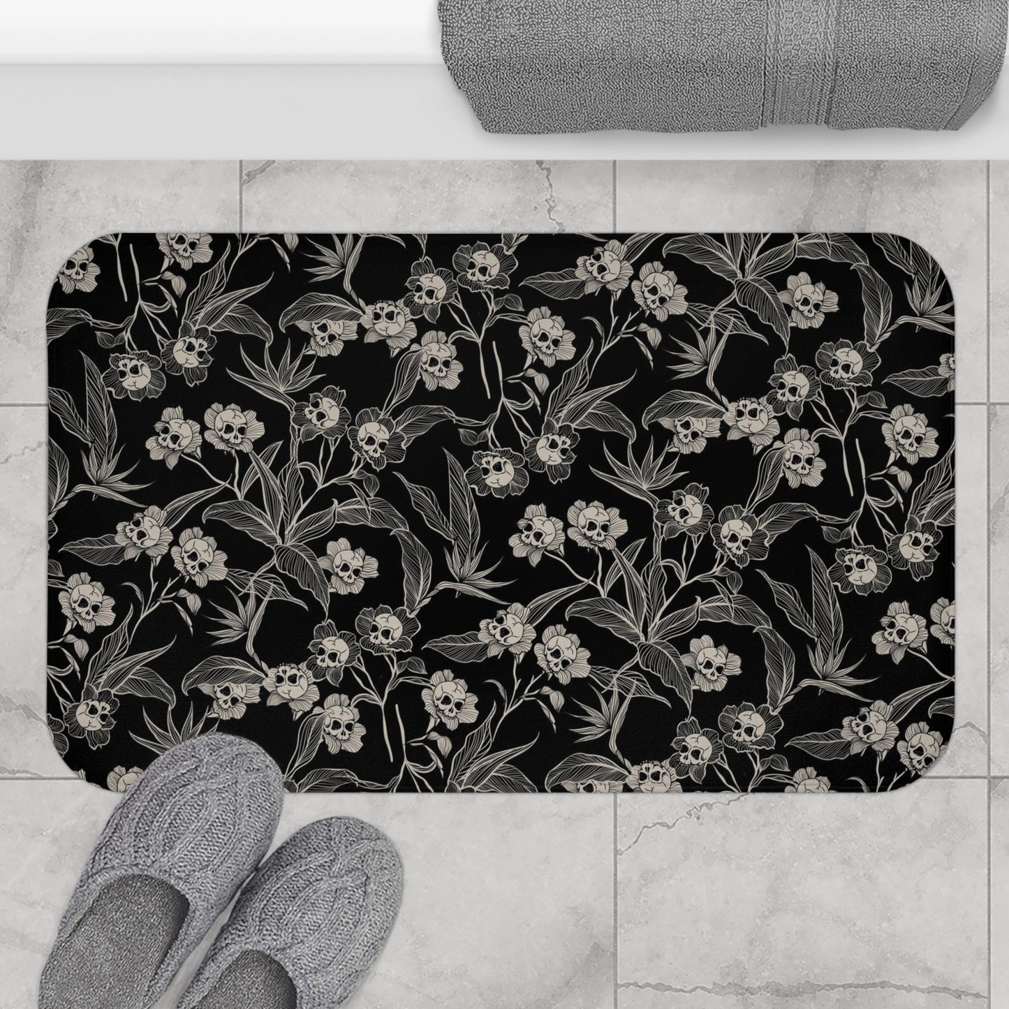 Gothic Floral Skull Flower Bath Mat - Red Finch Creations
