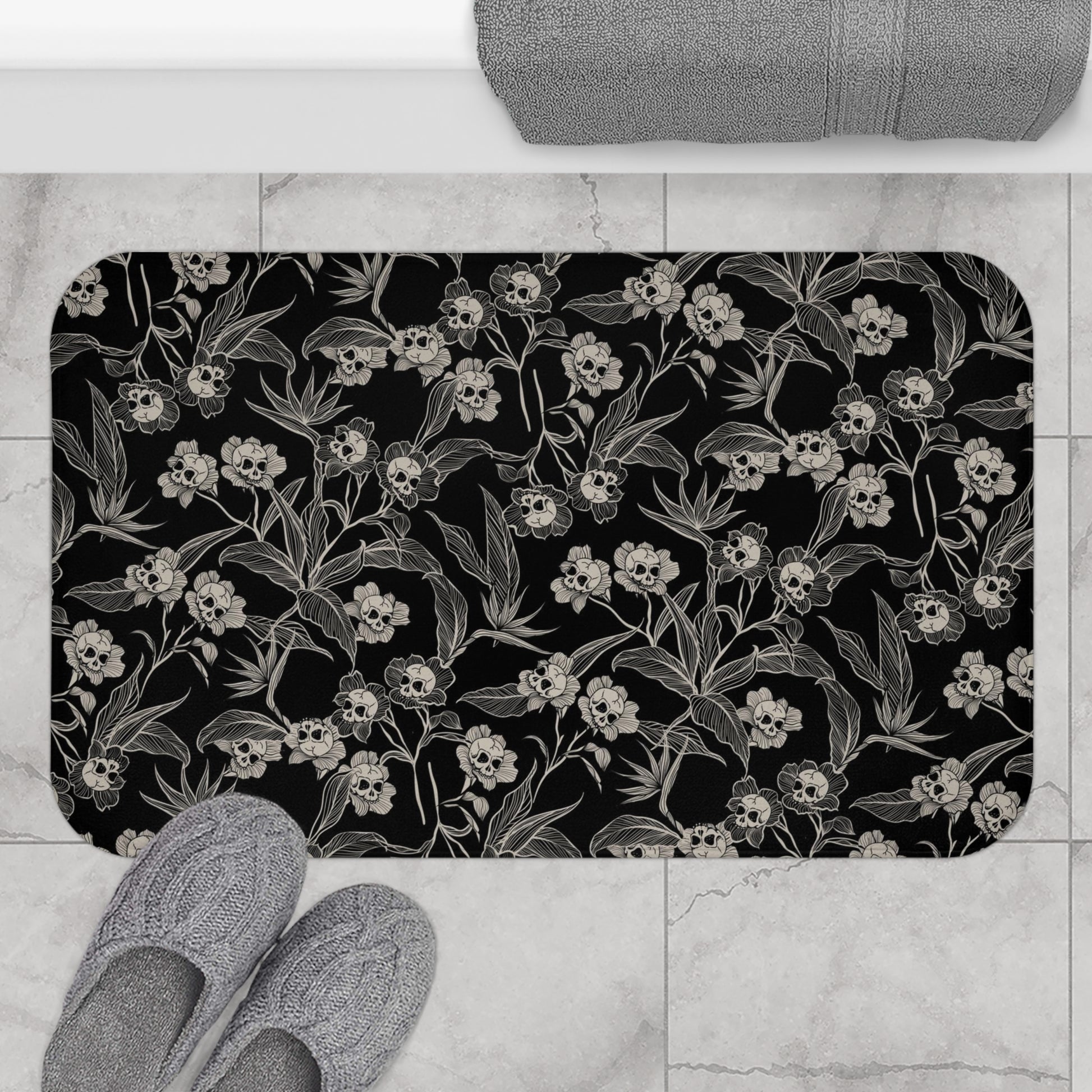 Gothic Floral Skull Flower Bath Mat - Red Finch Creations