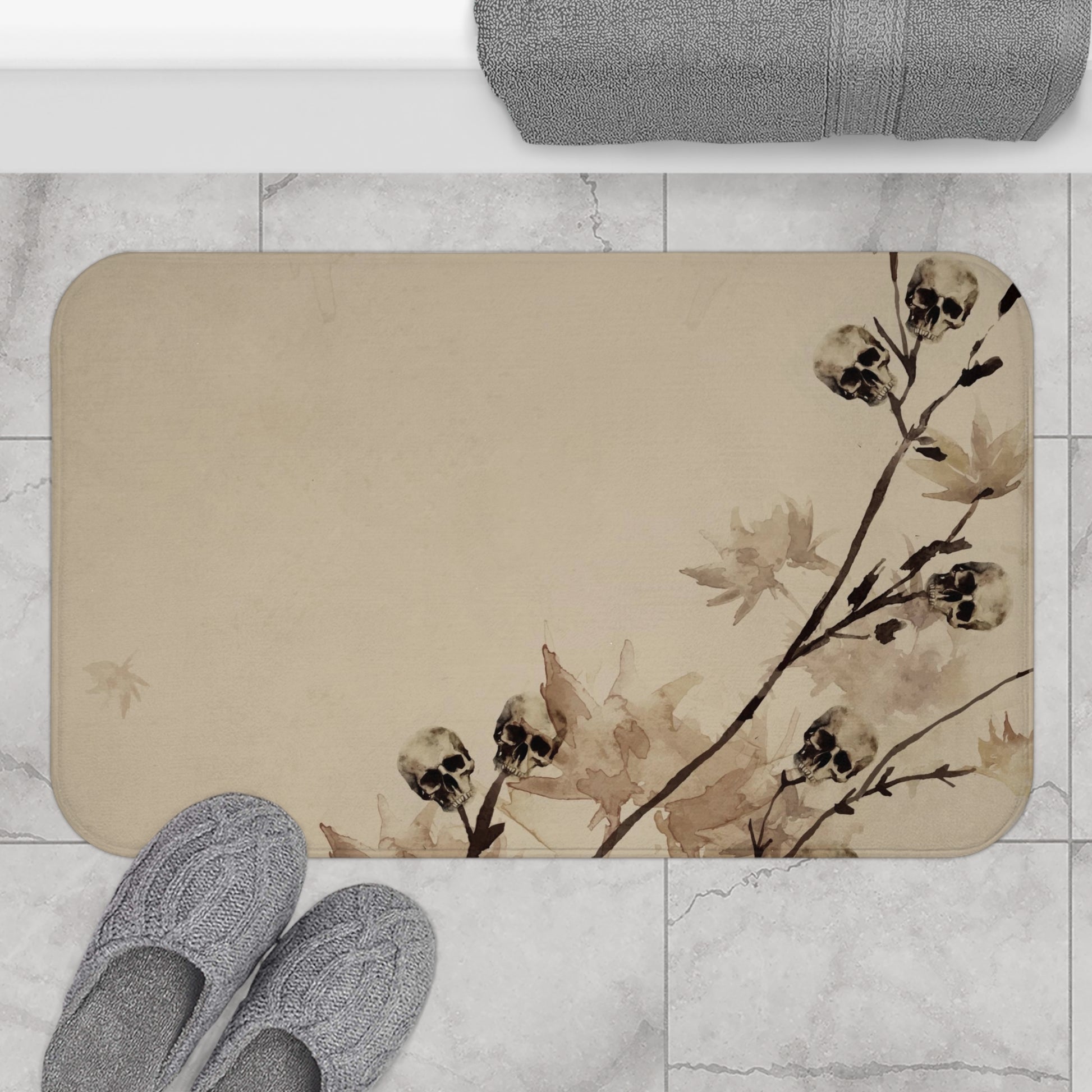 Minimalist Fall Watercolor Skull Bath Mat - Red Finch Creations