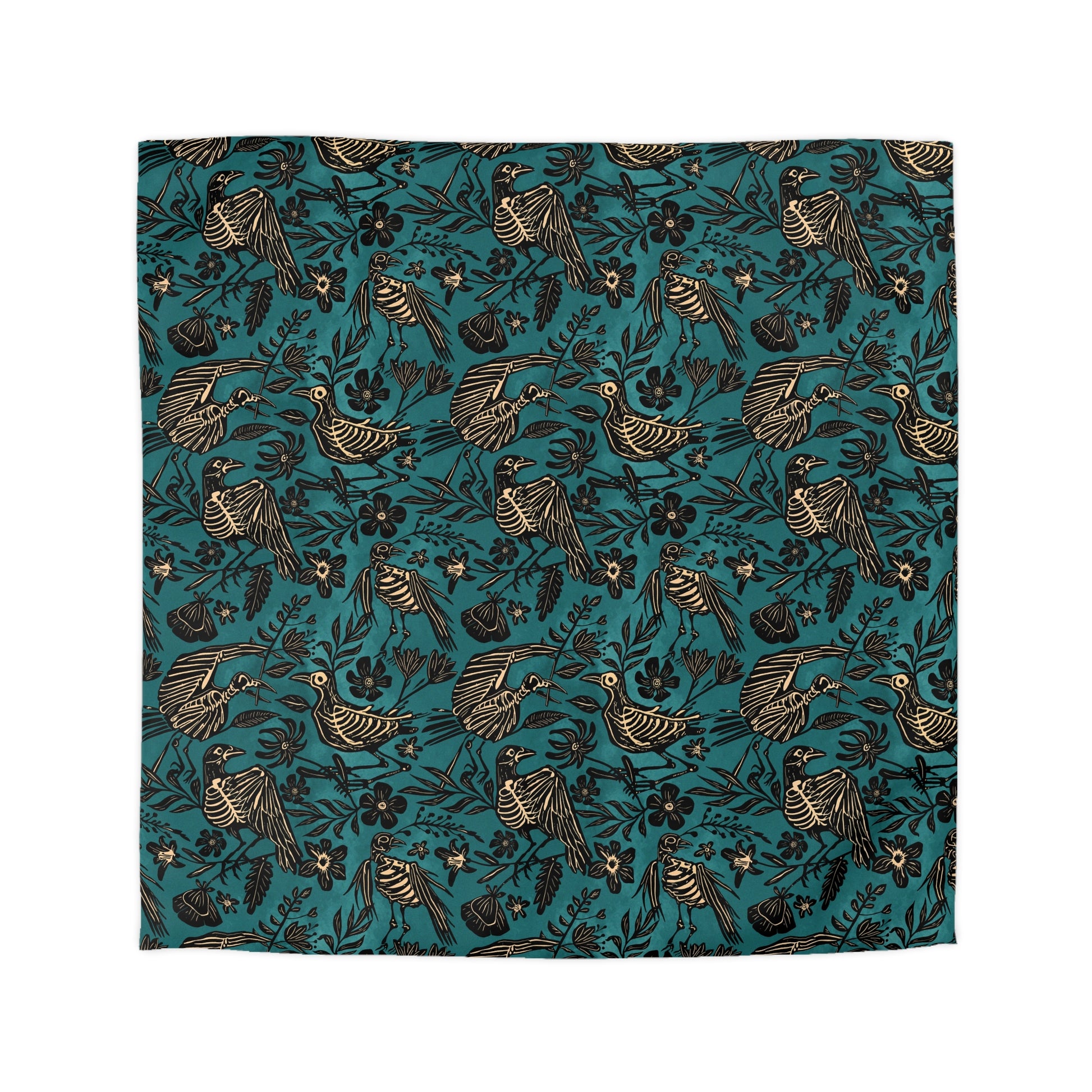 Spooky Folk Art Bird Skeleton Duvet Cover - Teal - Red Finch Creations