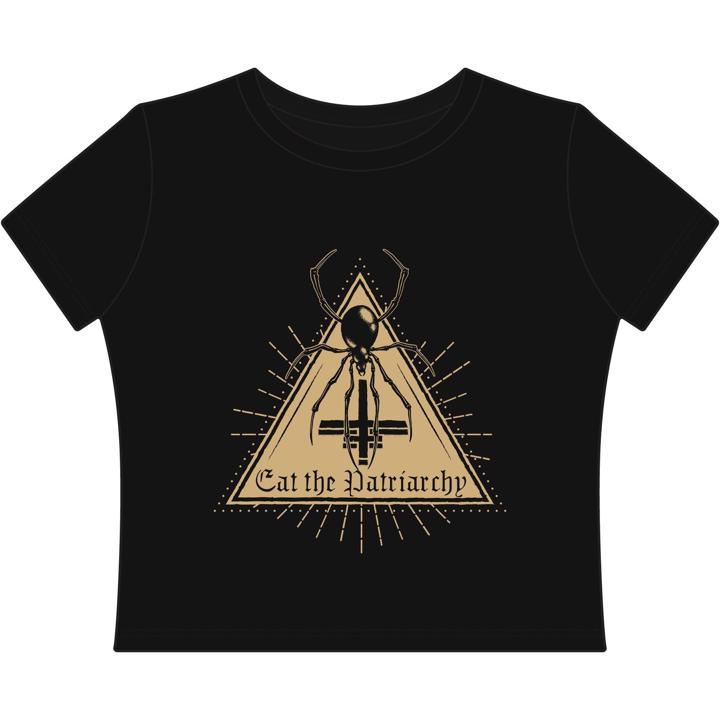 gothic Black t-shirt with a spider graphic and 'Eat the Patriarchy' text on a white background