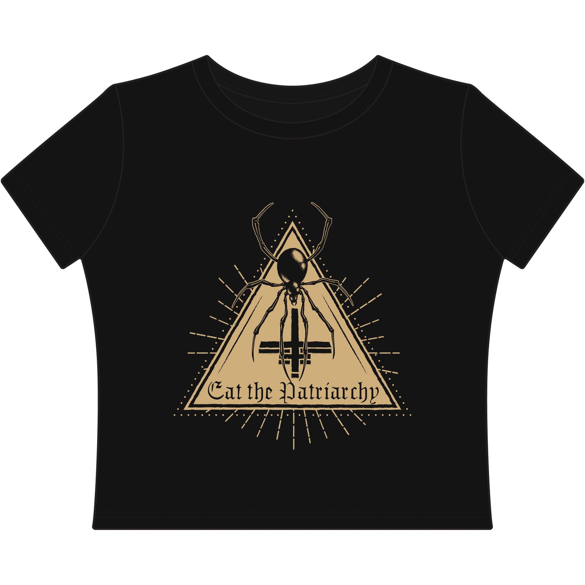 gothic Black t-shirt with a spider graphic and 'Eat the Patriarchy' text on a white background