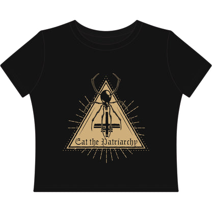 gothic Black t-shirt with a spider graphic and 'Eat the Patriarchy' text on a white background
