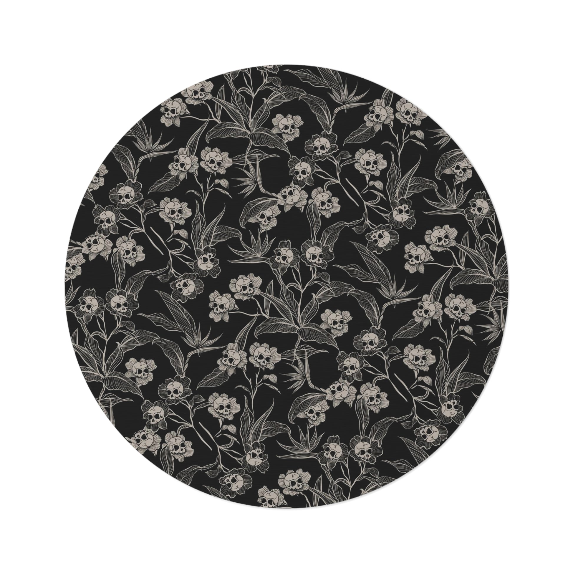 Gothic Floral Skull Flower Round Rug - Red Finch Creations