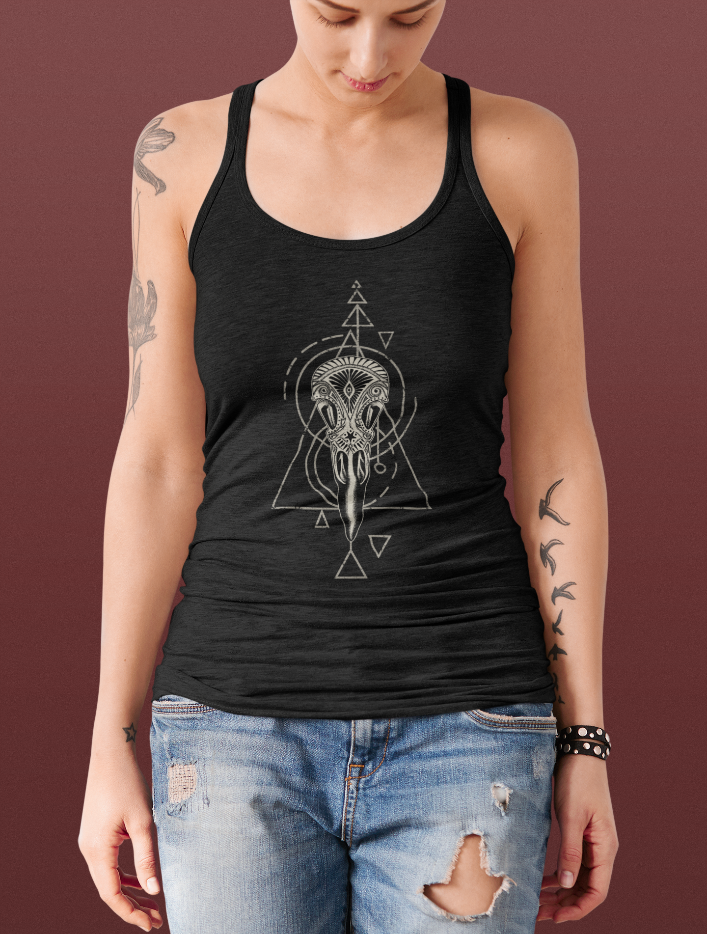 Carved Raven Skull Racerback Tank Top - Black