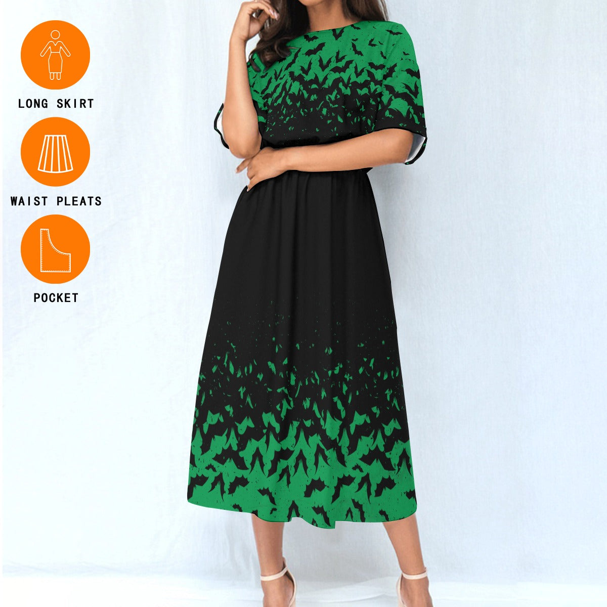 Spooky Green Bat Blouson Dress w/ Pockets