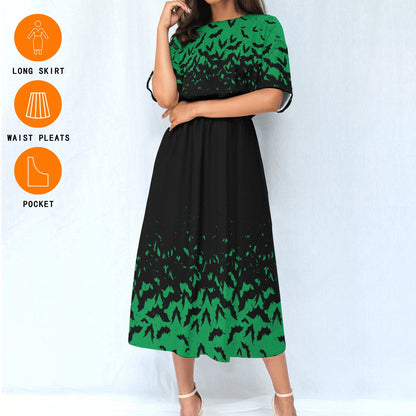 Spooky Green Bat Blouson Dress w/ Pockets