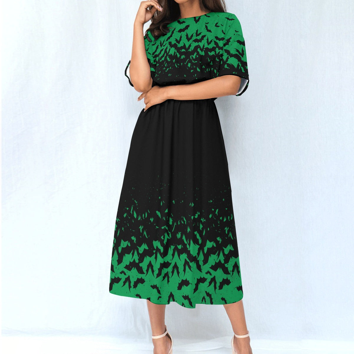 Spooky Green Bat Blouson Dress w/ Pockets
