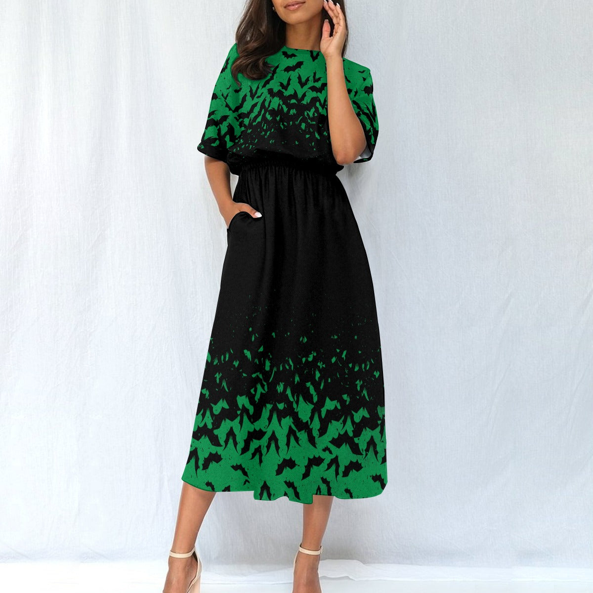 Spooky Green Bat Blouson Dress w/ Pockets