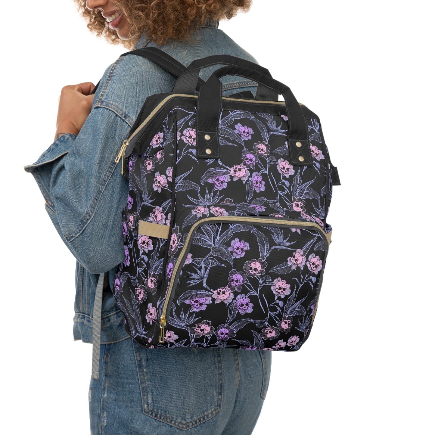 Pastel Goth Floral Skull Multifunctional Diaper Backpack - Pink + Black - Red Finch Creations