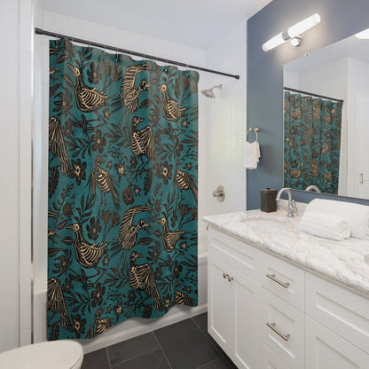 Teal Floral Bird Skeleton Shower Curtain - Red Finch Creations
