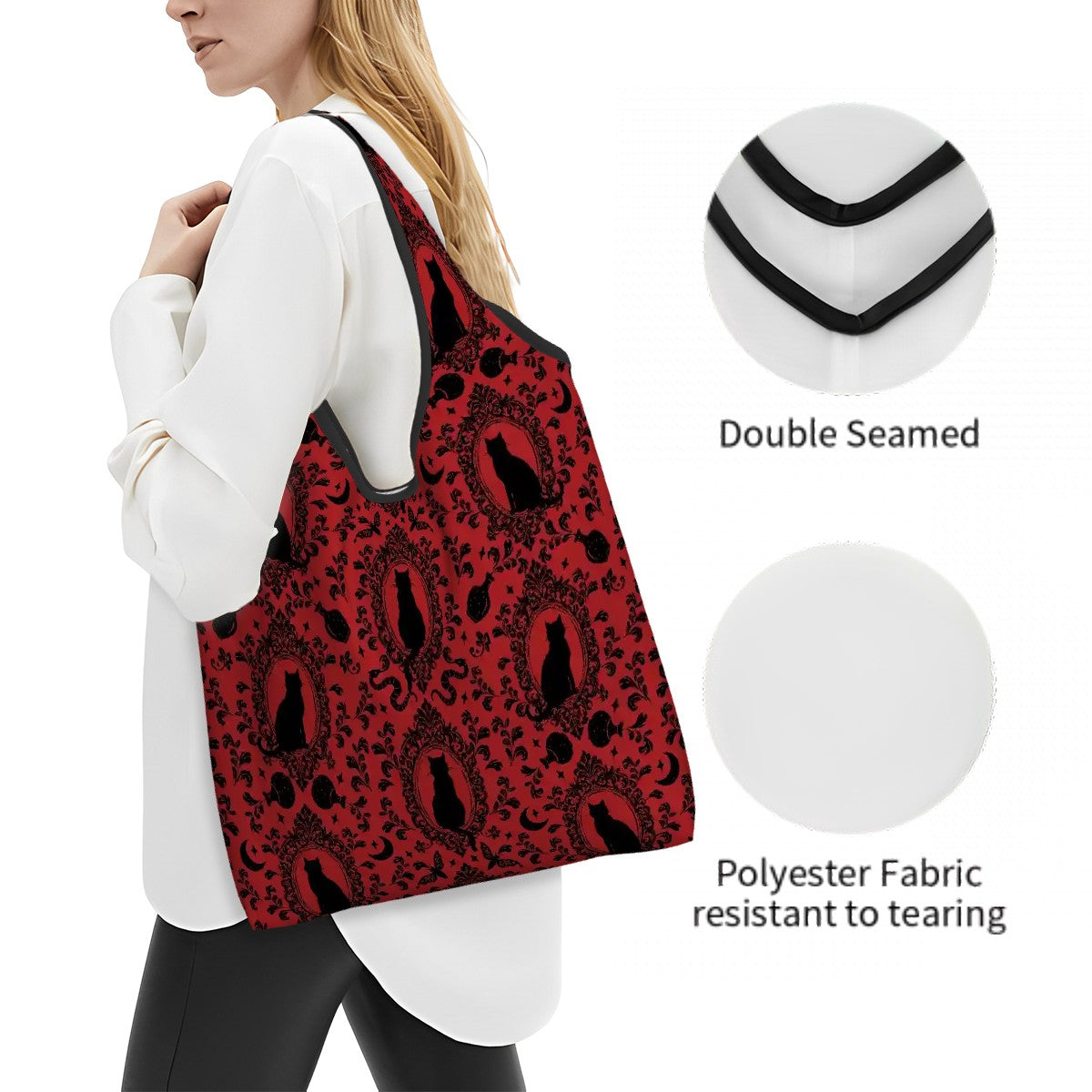 Red and black witchy cat patterned reusable bag with polyester fabric and double-seam detail.