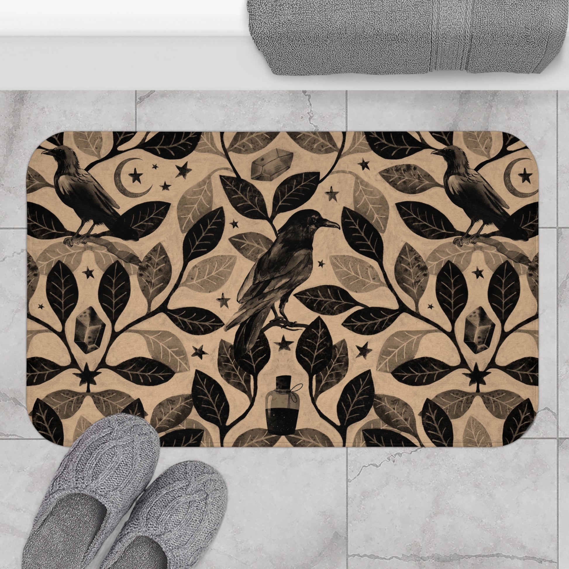 Witchy Watercolor Raven Bath Mat - Beige - Red Finch Creations
