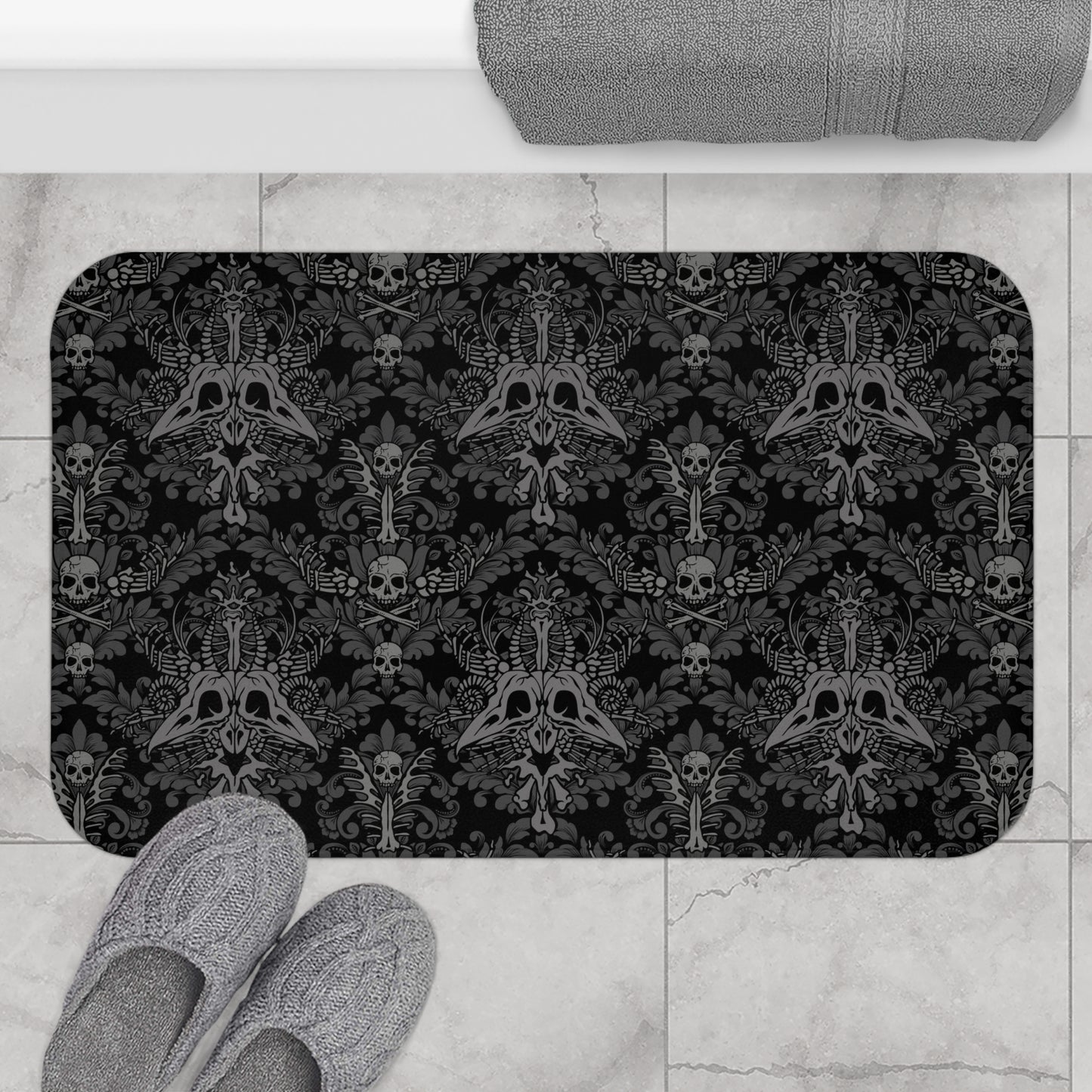 Dark Damask Bones Bath Mat - Black - Red Finch Creations