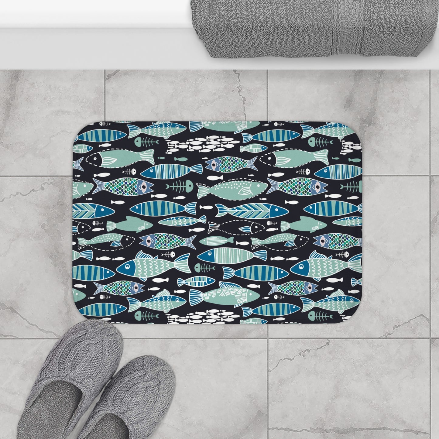 Mediterranean Sardine Skeleton Bath Mat - Black & Teal - Red Finch Creations