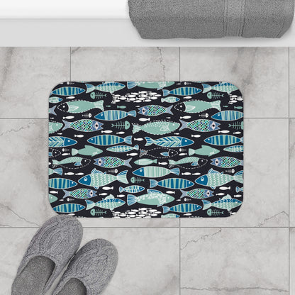 Mediterranean Sardine Skeleton Bath Mat - Black & Teal - Red Finch Creations