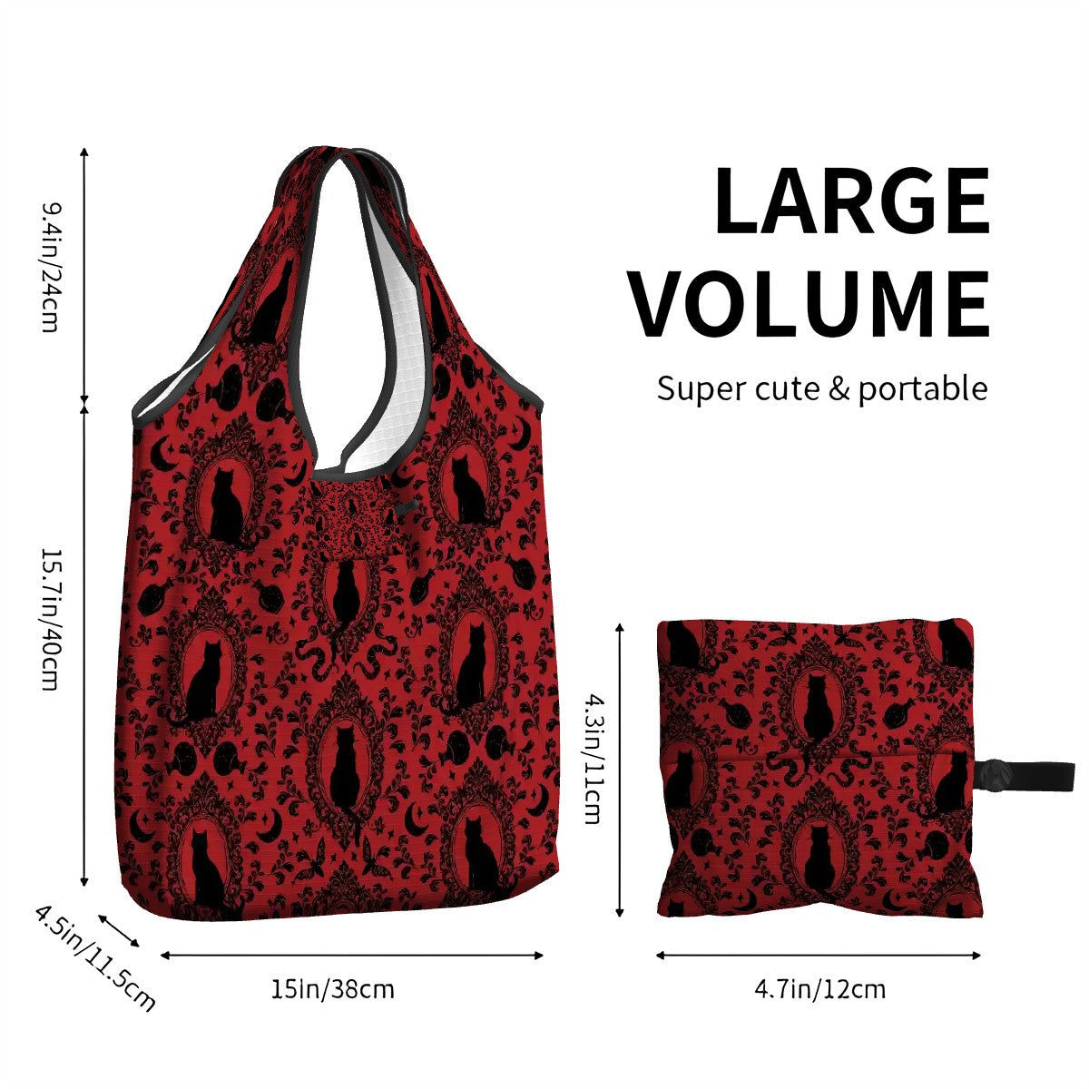 Red and black victorian witchy cat patterned reusable bag with measurements on a white background