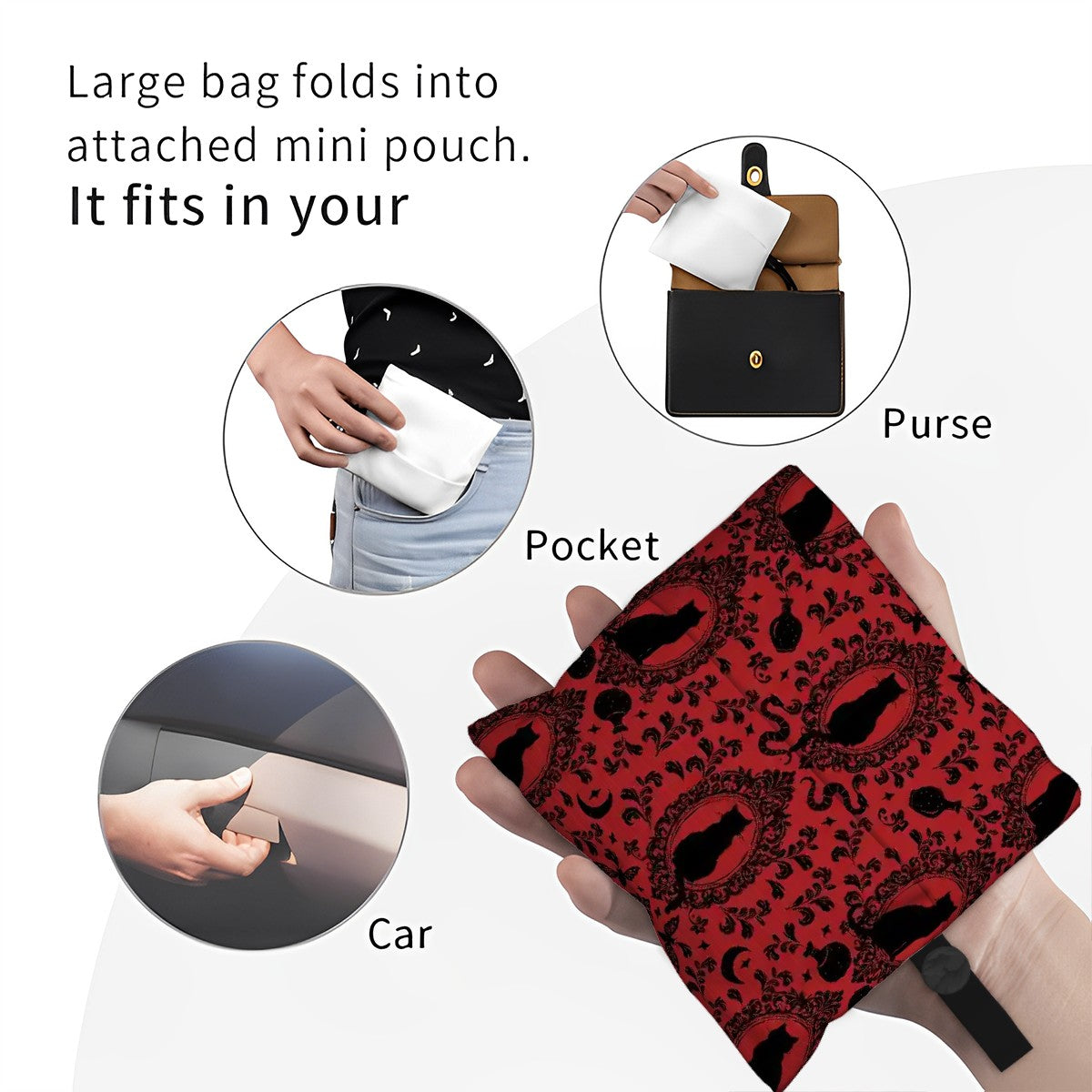 Baroque Cat Folding Reusable Grocery Bag - Red