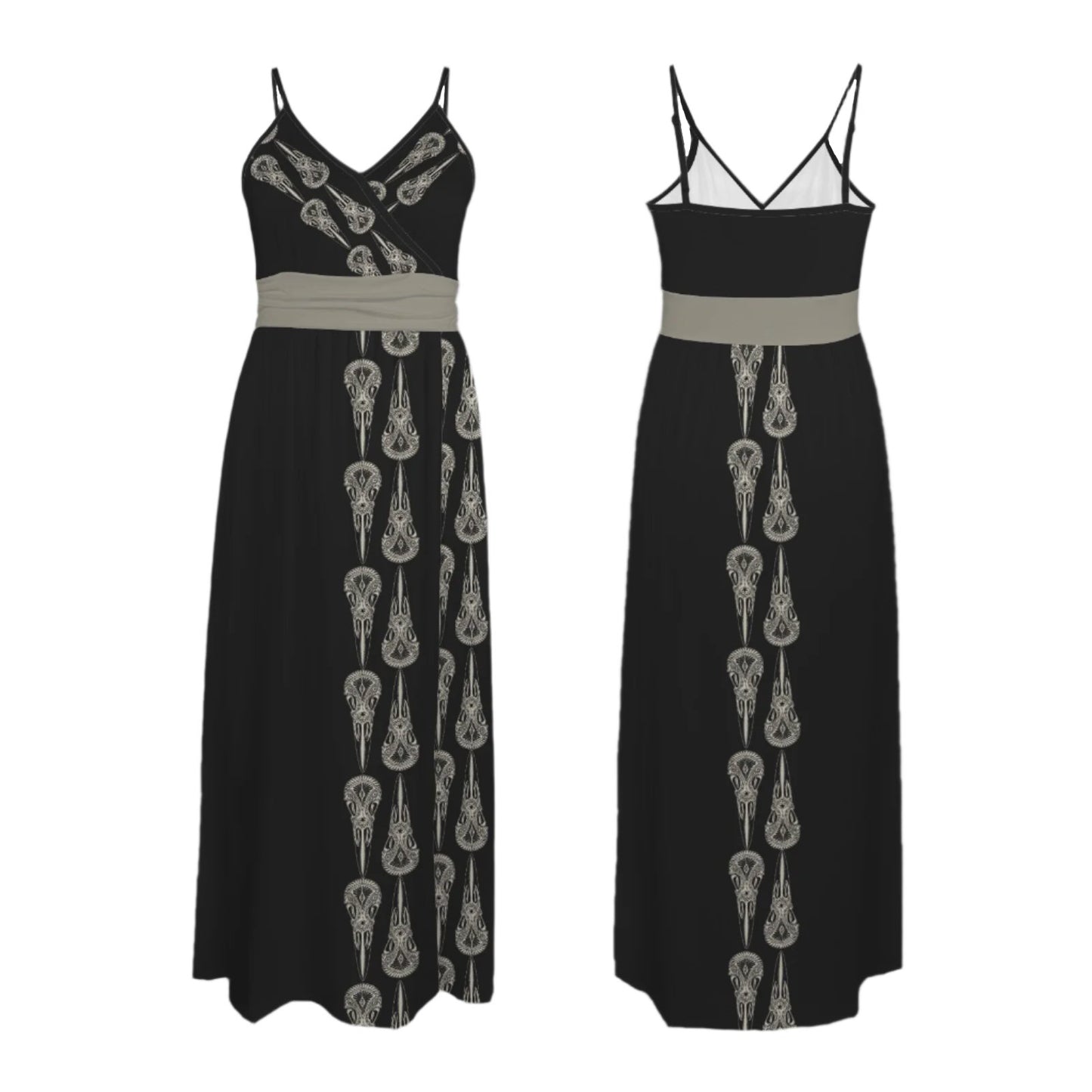 Ornate Gothic Raven Skull Evening Gown in Black and Grey