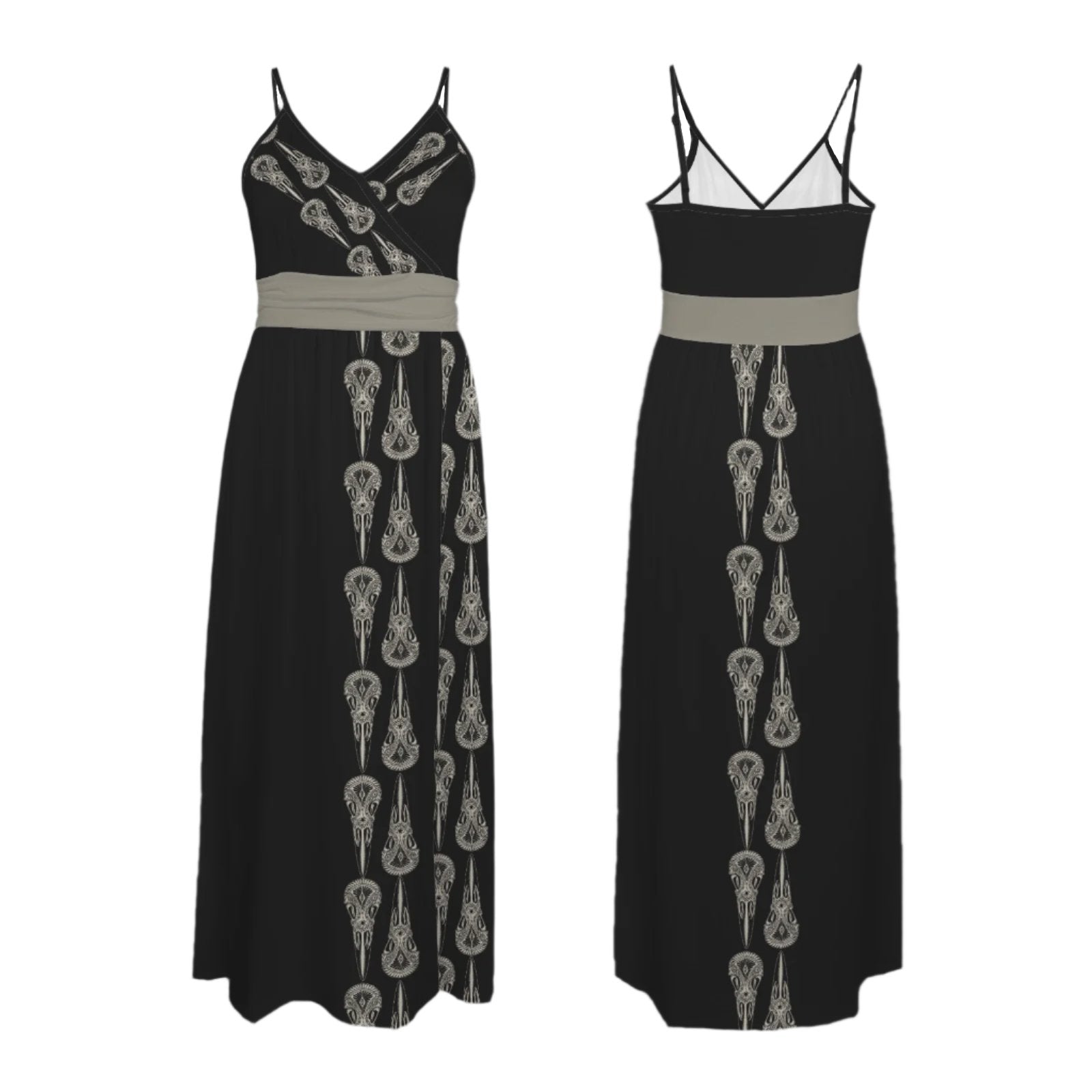 Ornate Gothic Raven Skull Evening Gown in Black and Grey