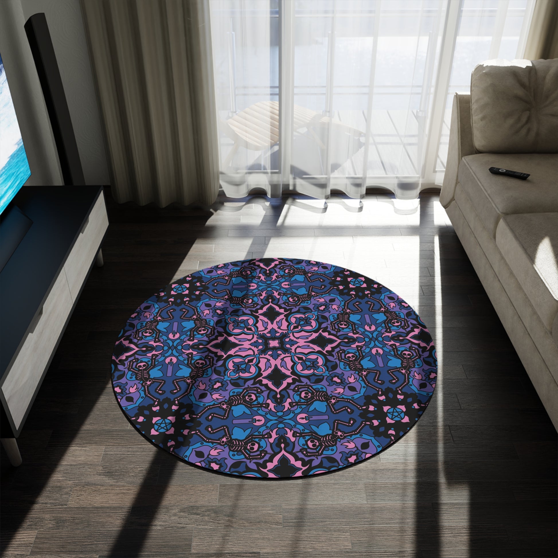 Dancing Skeleton Round Rug - Pink & Blue - Red Finch Creations