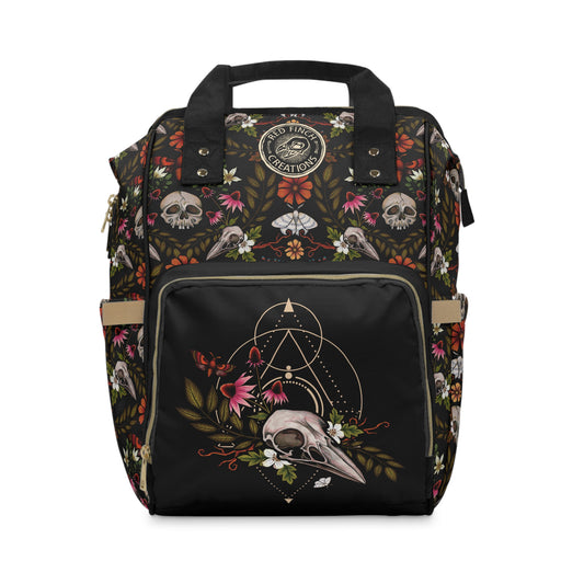 Dark Cottagecore Floral Skull Multifunctional Diaper Backpack - Red Finch Creations