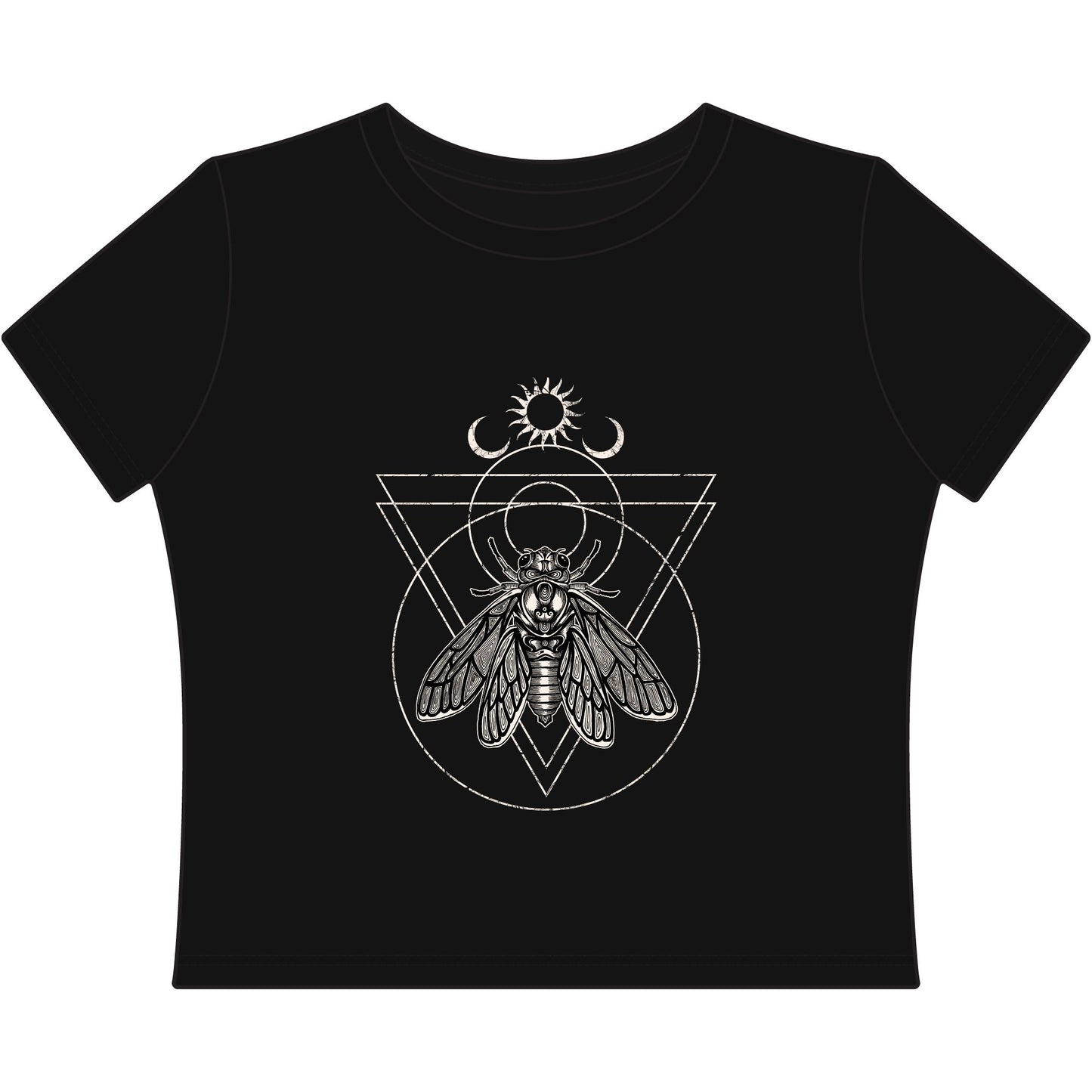 Black t-shirt with white cicada and occult geometric design on a white background