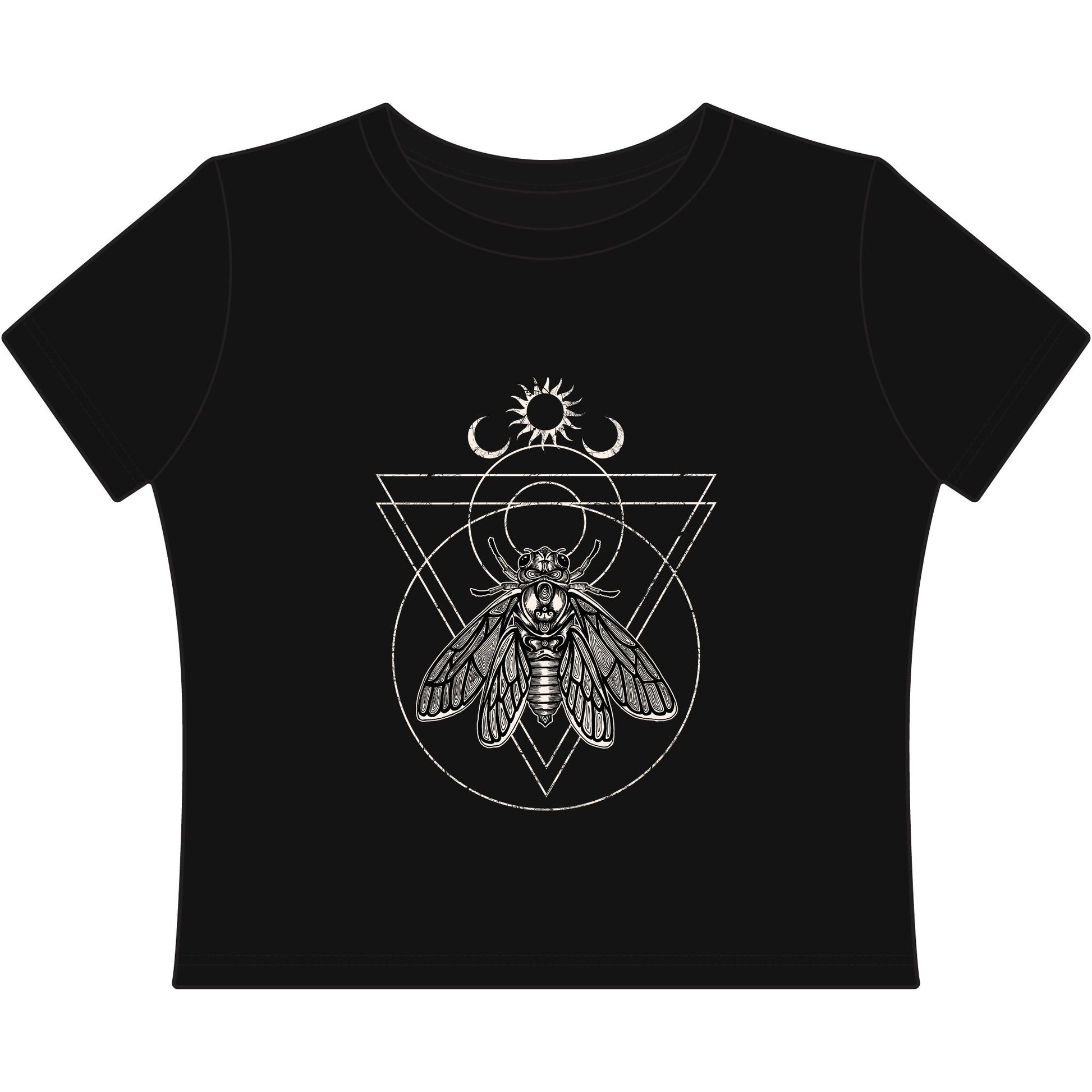 Black t-shirt with white cicada and occult geometric design on a white background