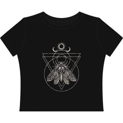 Black t-shirt with white cicada and occult geometric design on a white background