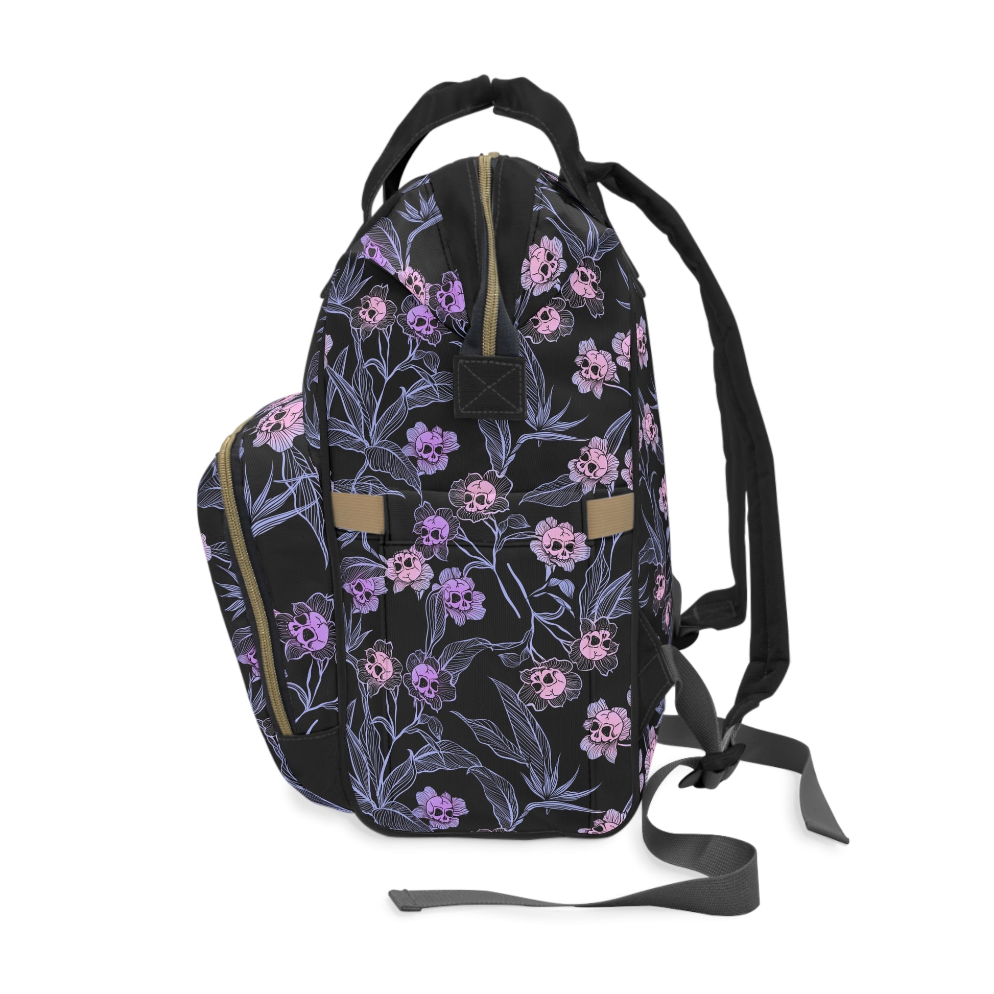 Pastel Goth Floral Skull Multifunctional Diaper Backpack - Pink + Black - Red Finch Creations