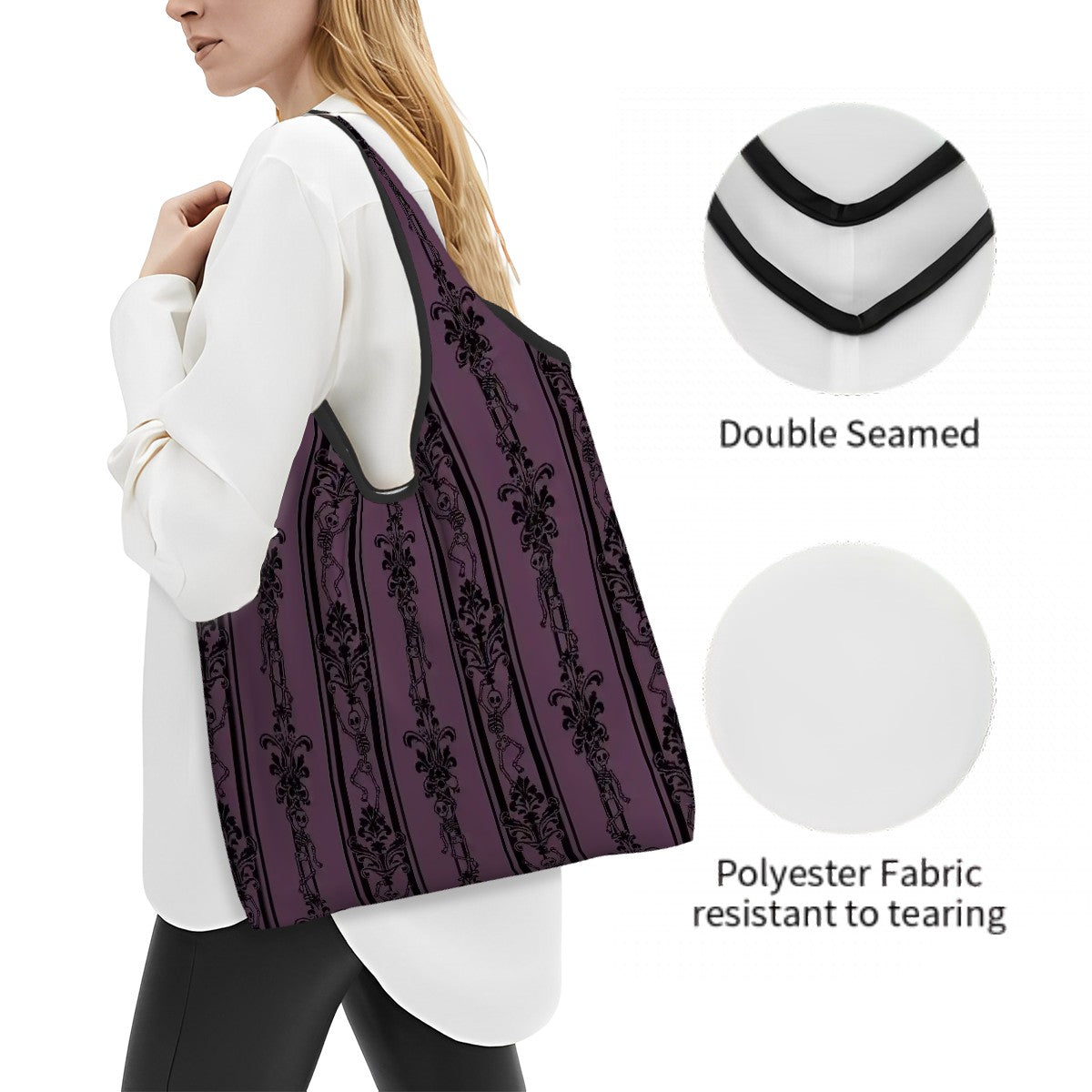 Woman carrying a gothic purple resusable shopping tote bag with a baroque dancing skeleton black pattern, showing double-seamed construction and polyester fabric
