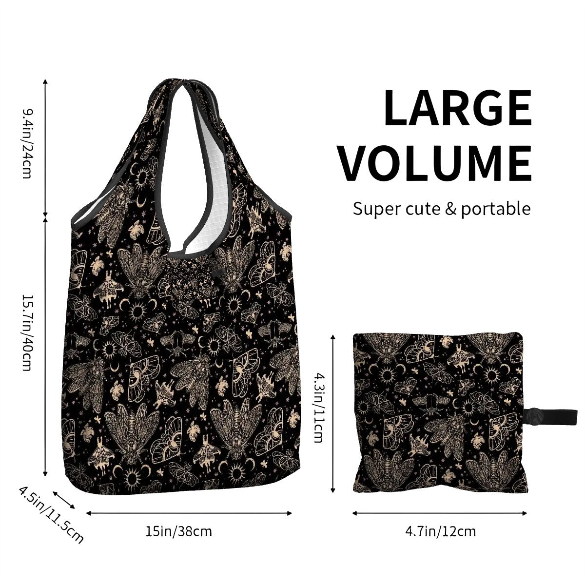 Black witchy cicada moth patterned reusable bag with measurements on a white background