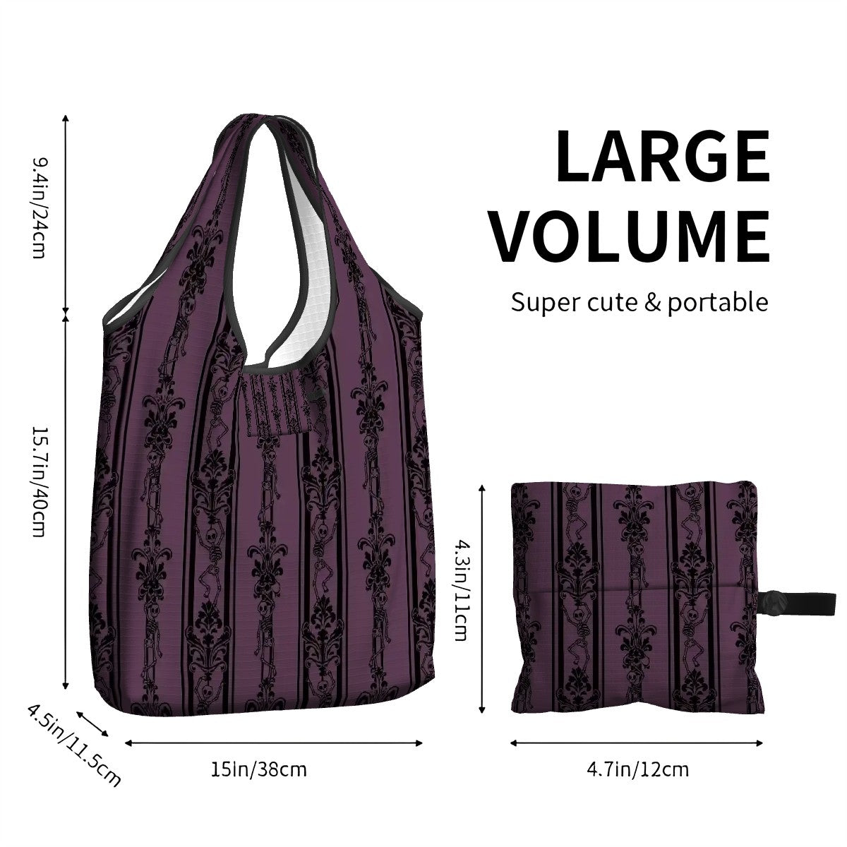 mauve gothic dancing skeleton patterned foldable shopping bag with measurements on a white background
