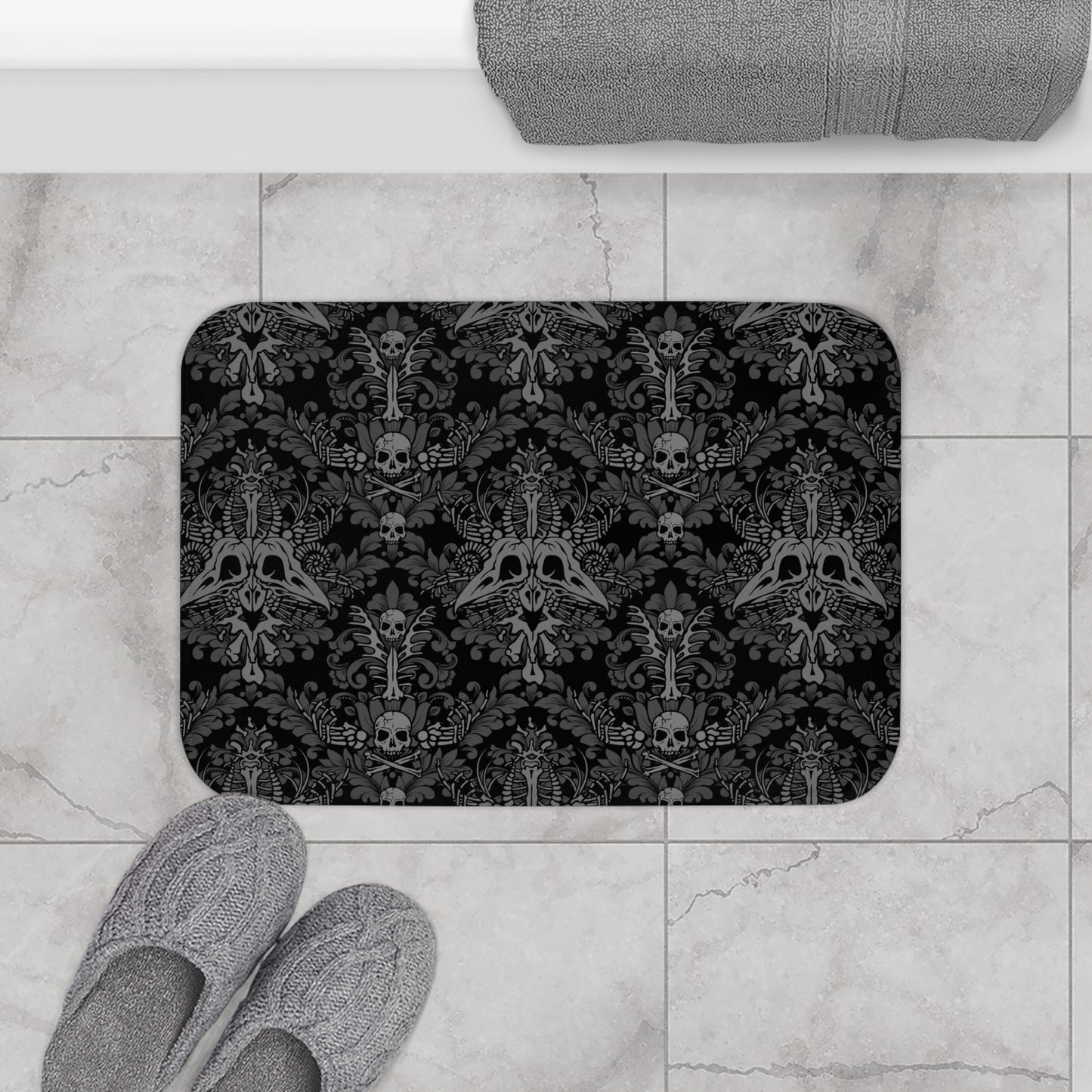 Dark Damask Bones Bath Mat - Black - Red Finch Creations