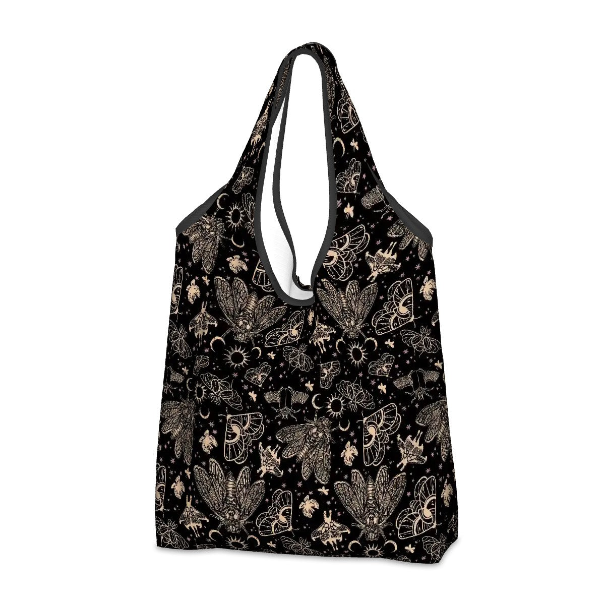 Black tote bag with a witchy cicada moth pattern on a white background