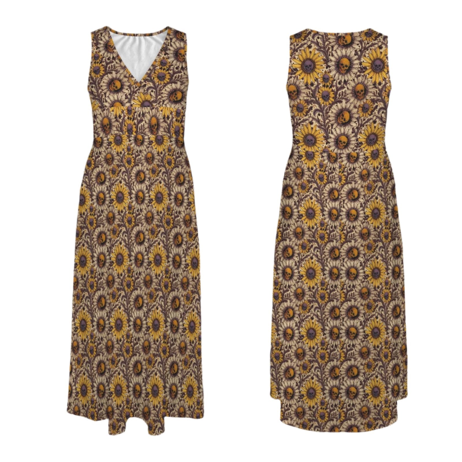 Sunflower Skull Maxi Dress with Pockets - Red Finch Creations