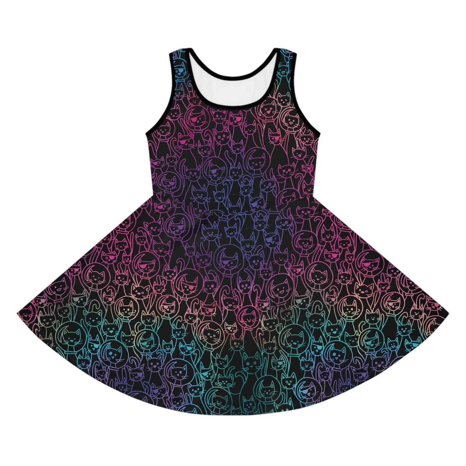 A sleeveless kids' dress with a colorful pattern resembling cats in space