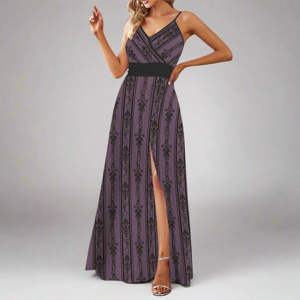 Gothic Baroque Dancing Skeleton Pattern Floor Length Dress with open back and leg slit on model