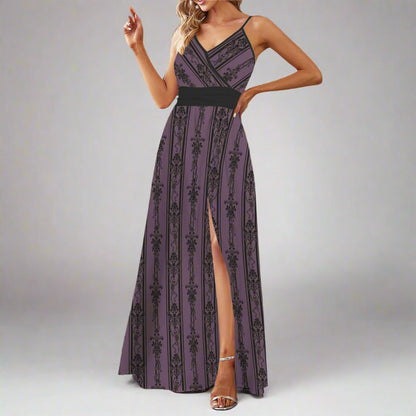 Gothic Baroque Dancing Skeleton Pattern Floor Length Dress with open back and leg slit on model