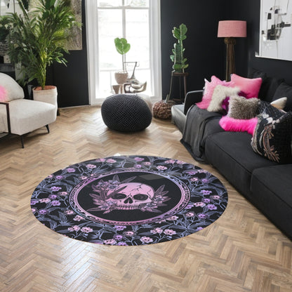 Pastel Goth Floral Round Rug - Pink & Black - Red Finch Creations