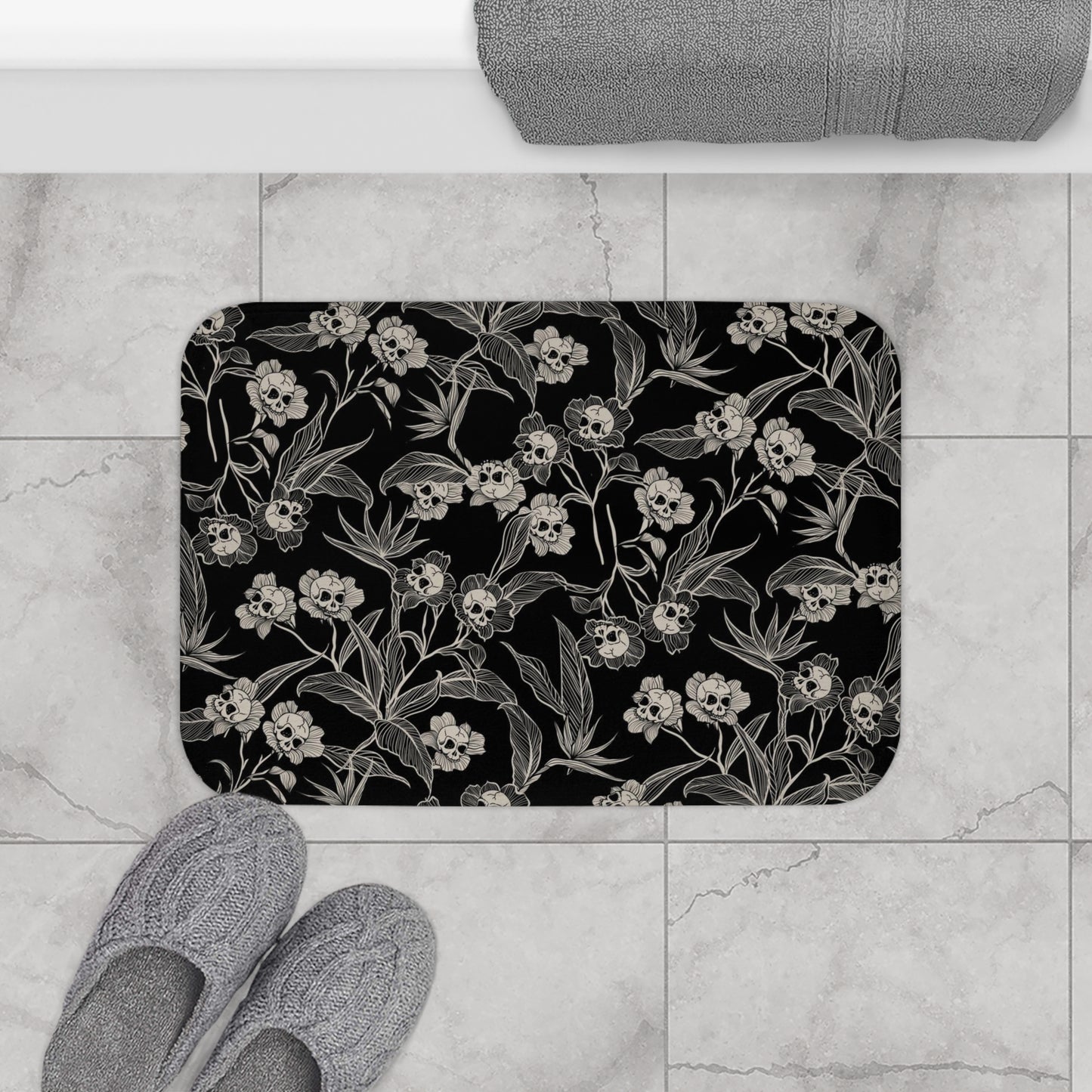 Gothic Floral Skull Flower Bath Mat - Red Finch Creations