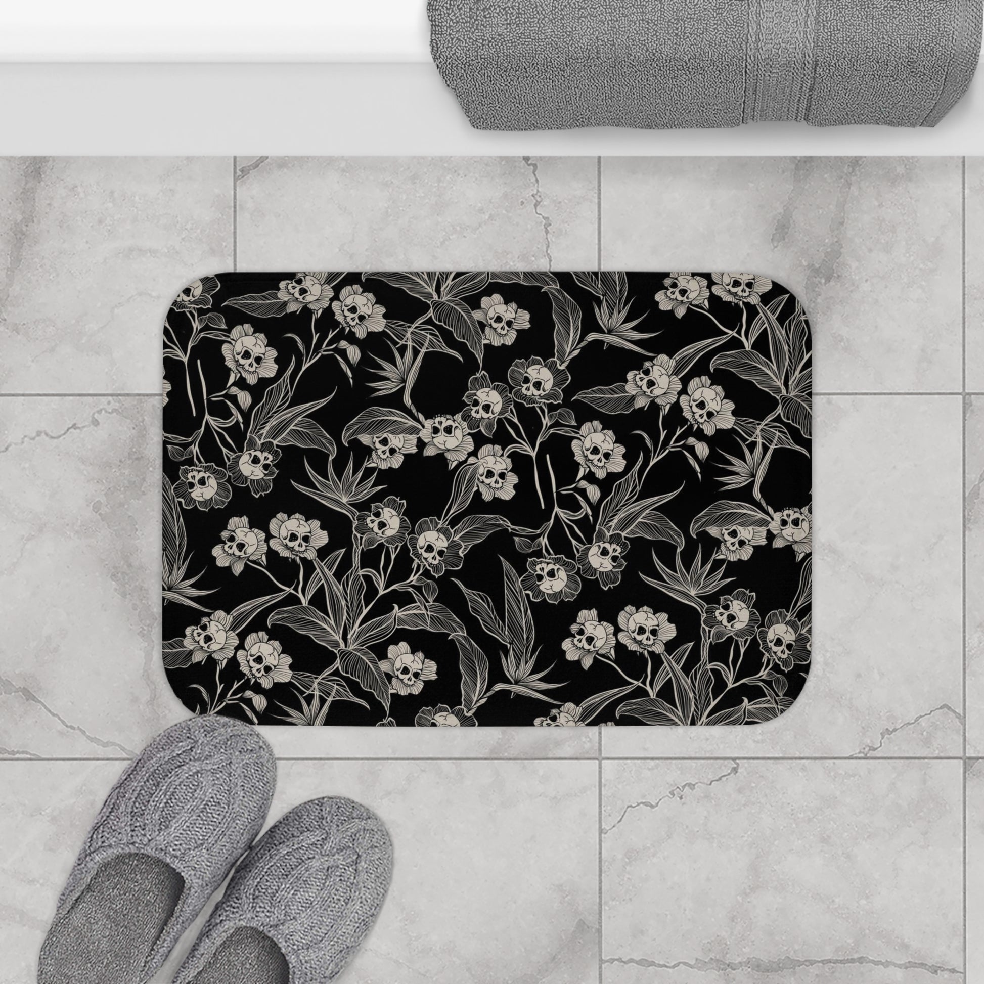 Gothic Floral Skull Flower Bath Mat - Red Finch Creations